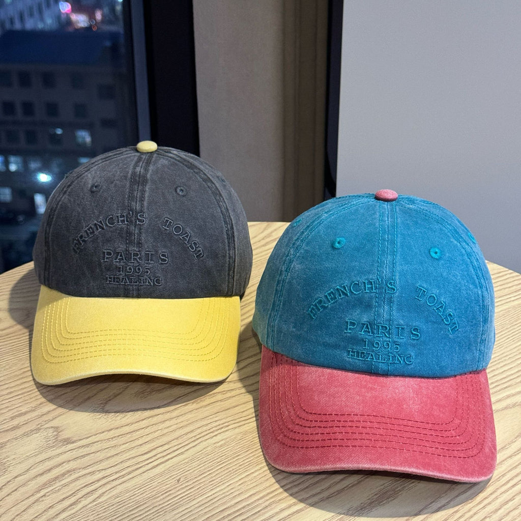 Vintage Washed Color Block Baseball Cap with Letter Embroidery