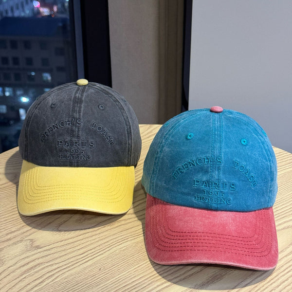 Vintage Washed Color Block Baseball Cap with Letter Embroidery