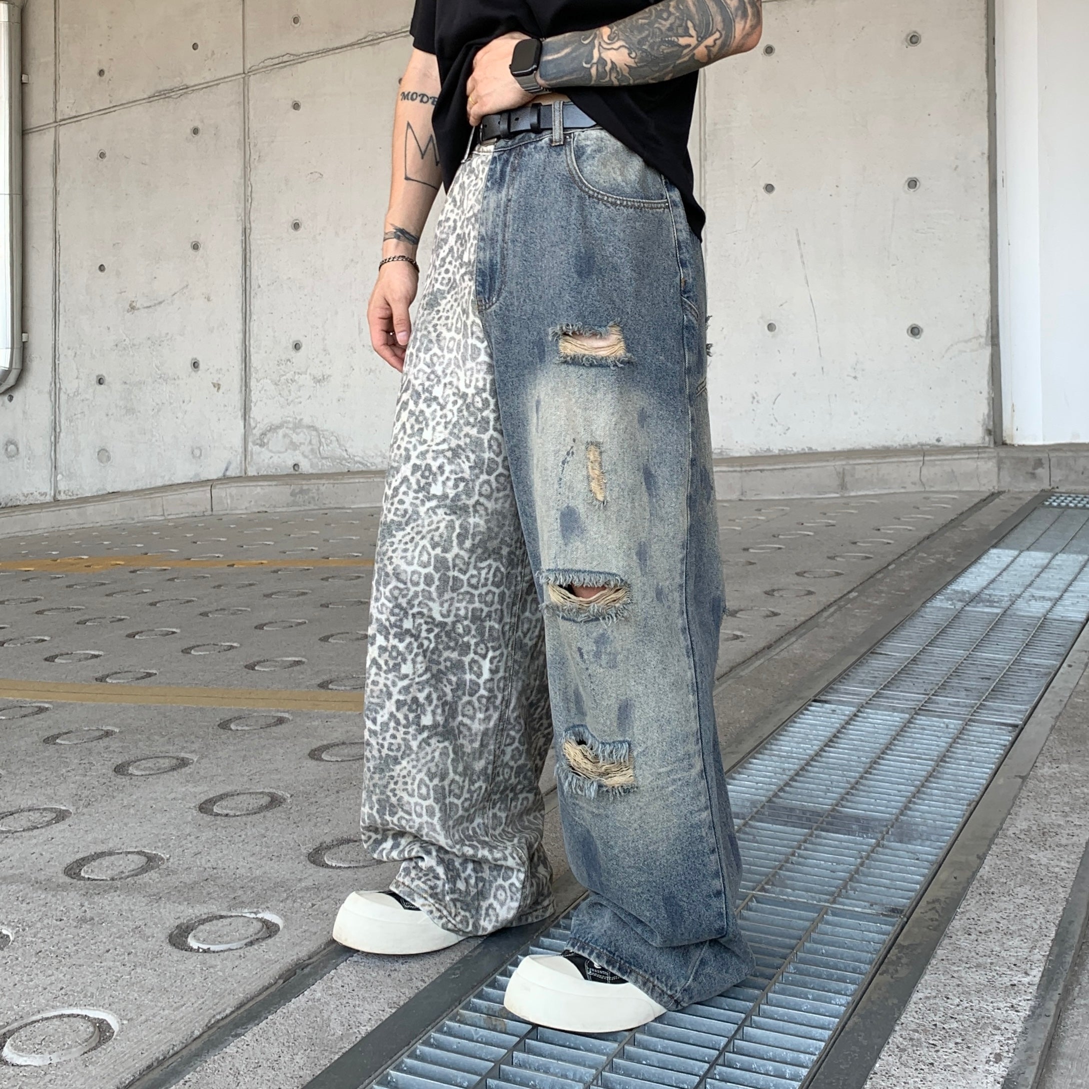 Mens Stretch Denim Pants with Ripped Details