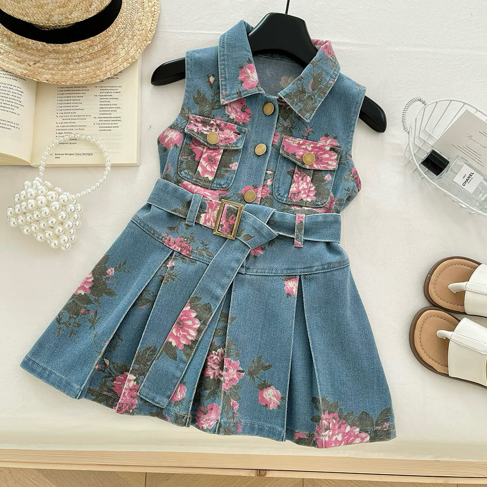 Girls Sleeveless Floral Print Denim Dress