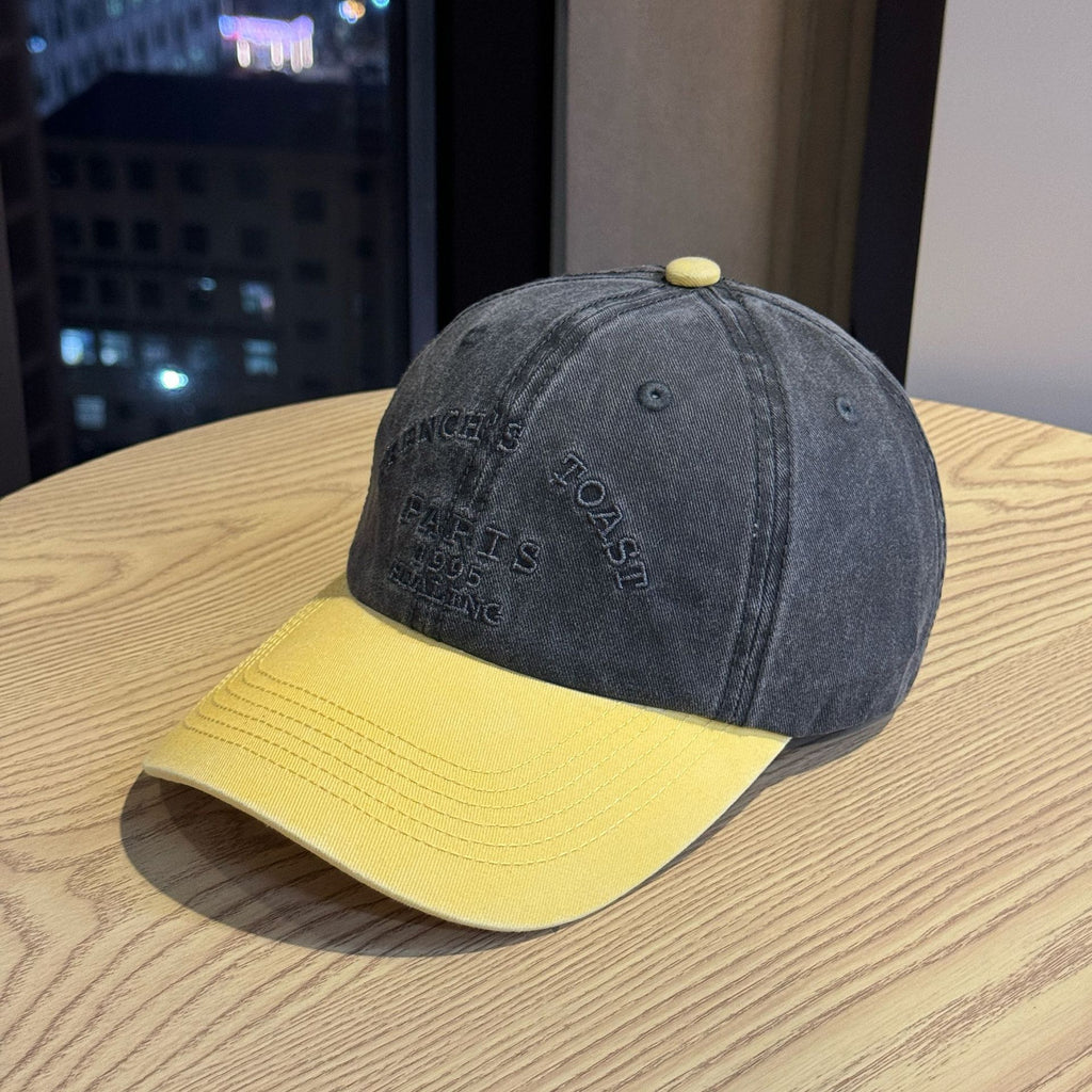 Vintage Washed Color Block Baseball Cap with Letter Embroidery