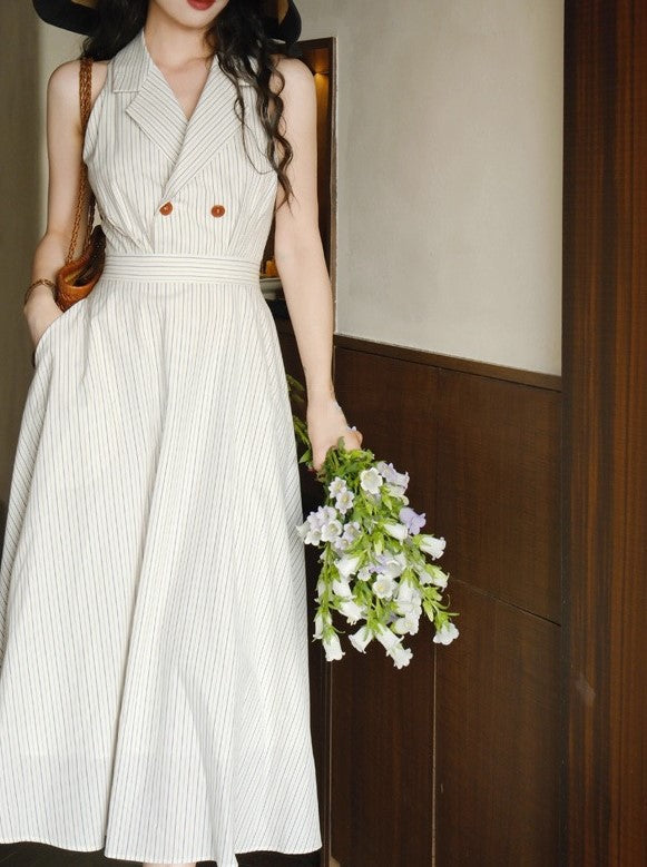 Vintage Striped High Waist Cotton Dress
