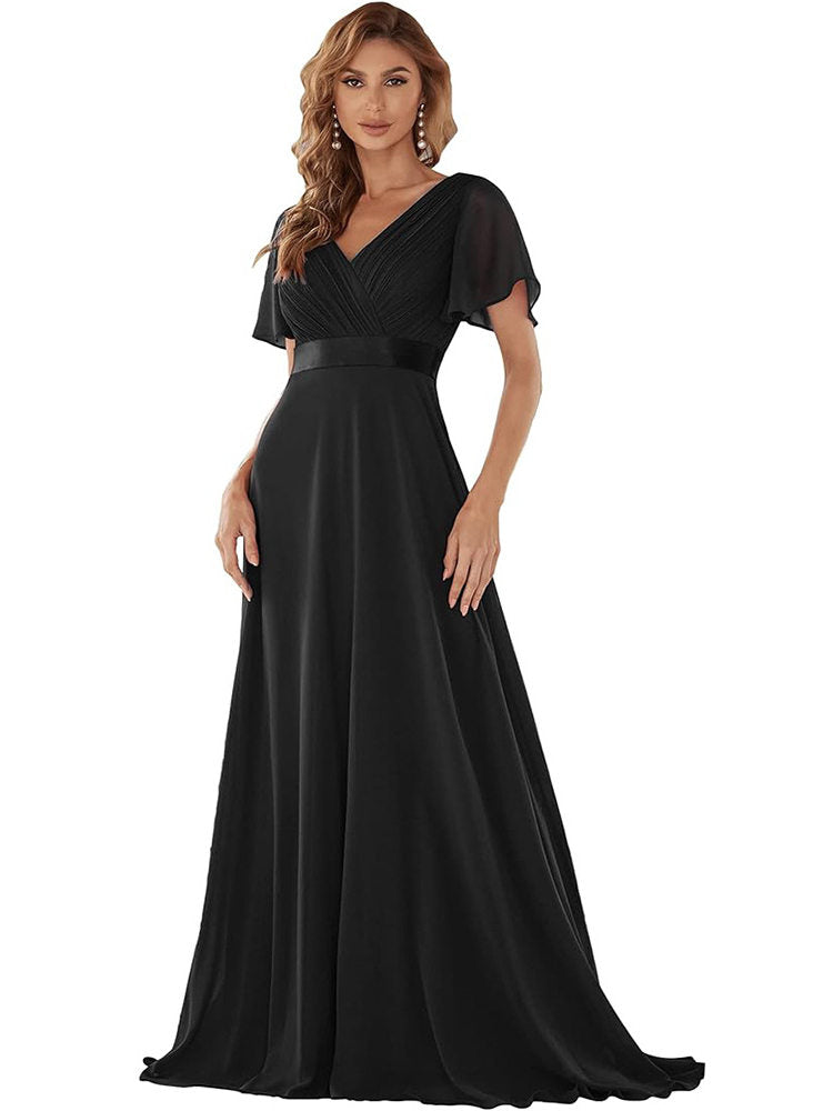 Brautjungfernkleid mit V-Ausschnitt und Trompetenärmeln