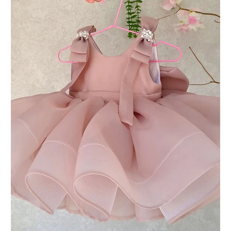 Girls Pink Satin Bow Tutu Dress