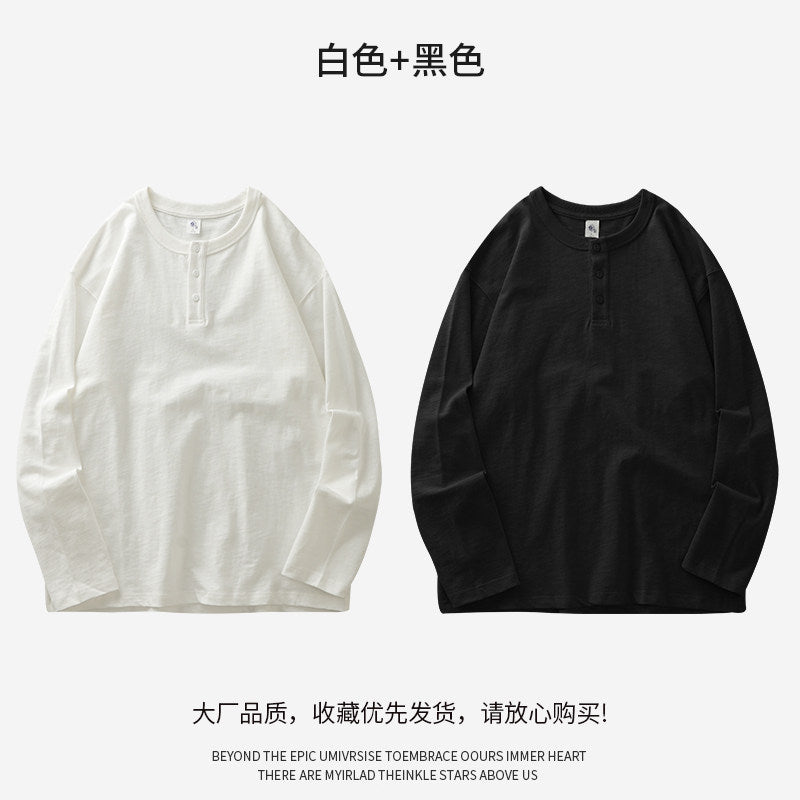 Mens Heavyweight Cotton Henley Shirt Long Sleeve
