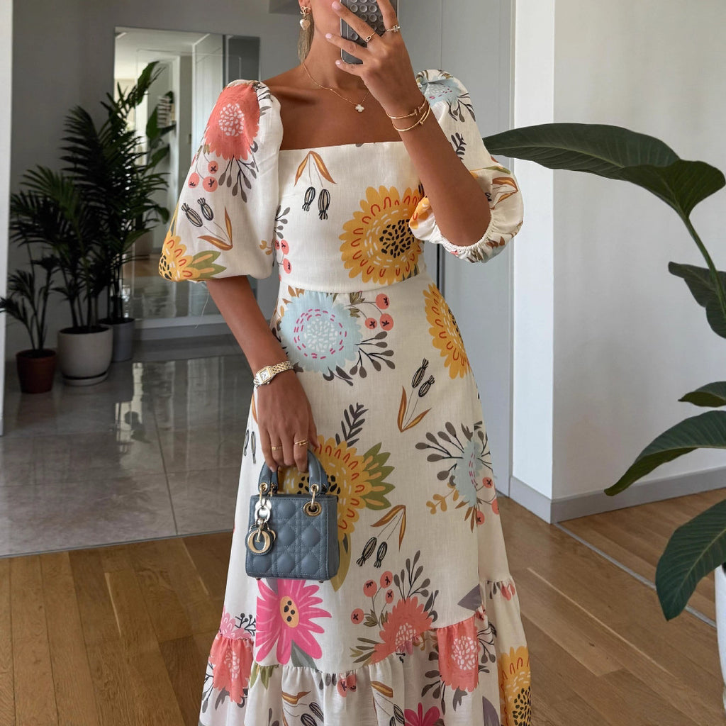 Off-Shoulder Flared Dress with Puff Sleeves