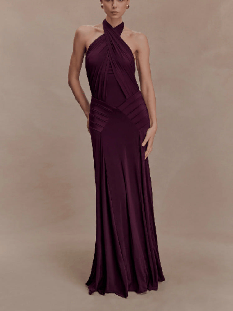 Womens Halter Neck Backless Chiffon Dress