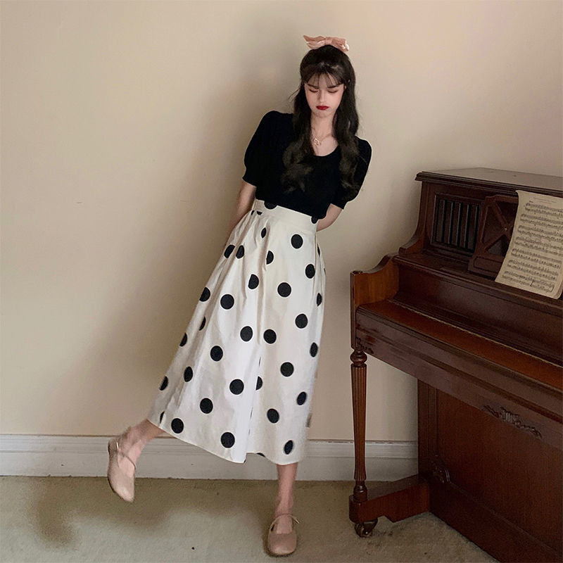 Damen Polka Dot Kleid mit T-Shirt-Set