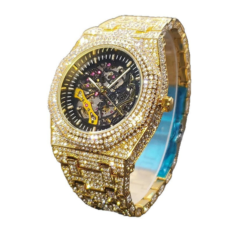 Mens Diamond Mechanical Watch Waterproof Luminous Stainless Steel