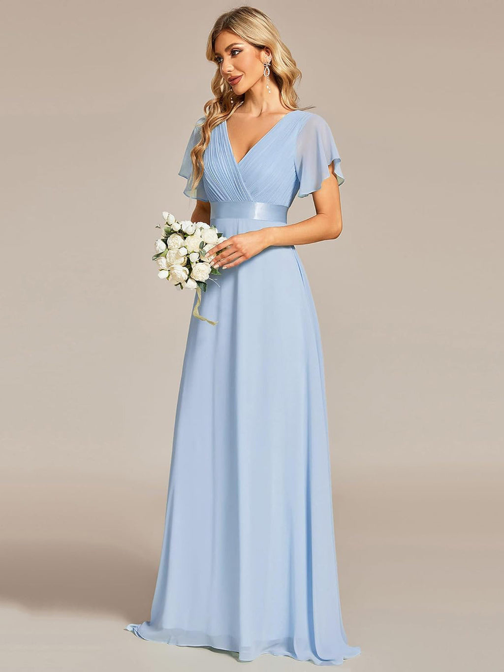 V-Neck Trumpet Sleeve Bridesmaid Dress