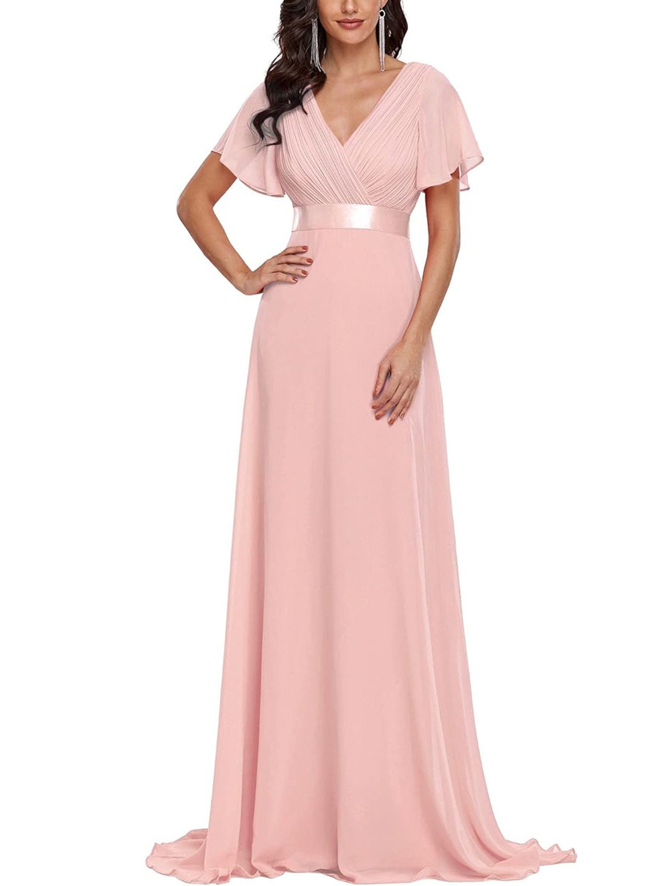 Brautjungfernkleid mit V-Ausschnitt und Trompetenärmeln