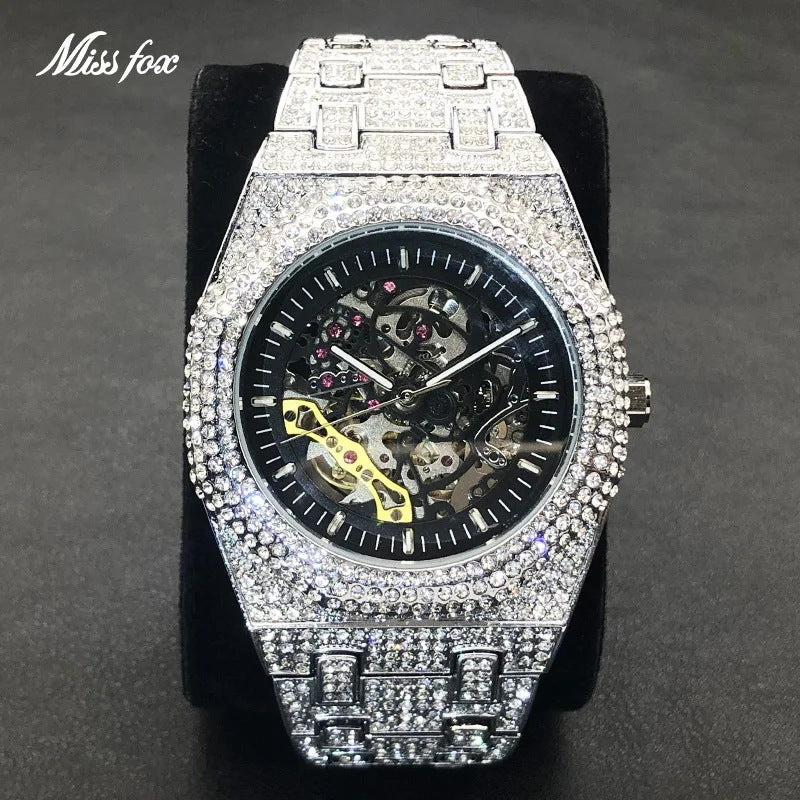 Mens Diamond Mechanical Watch Waterproof Luminous Stainless Steel