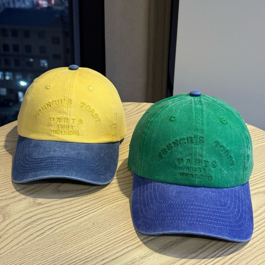 Vintage Washed Color Block Baseball Cap with Letter Embroidery