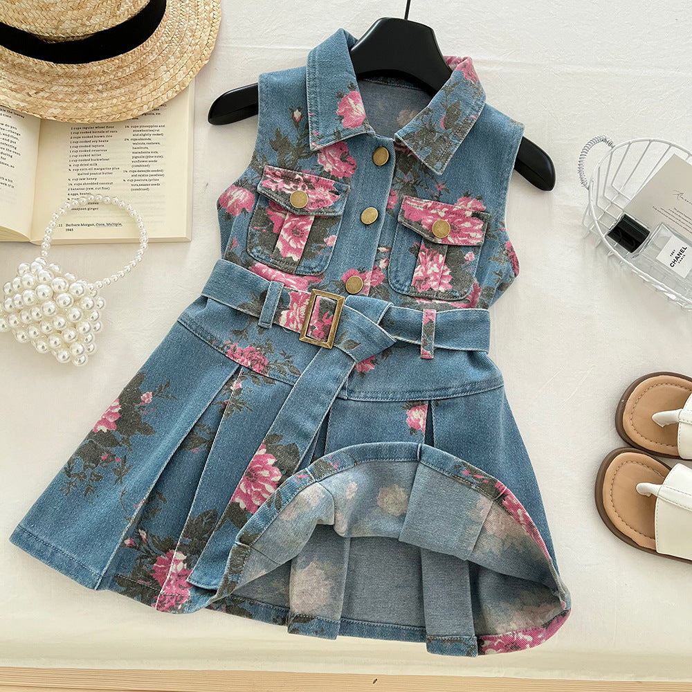 Girls Sleeveless Floral Print Denim Dress