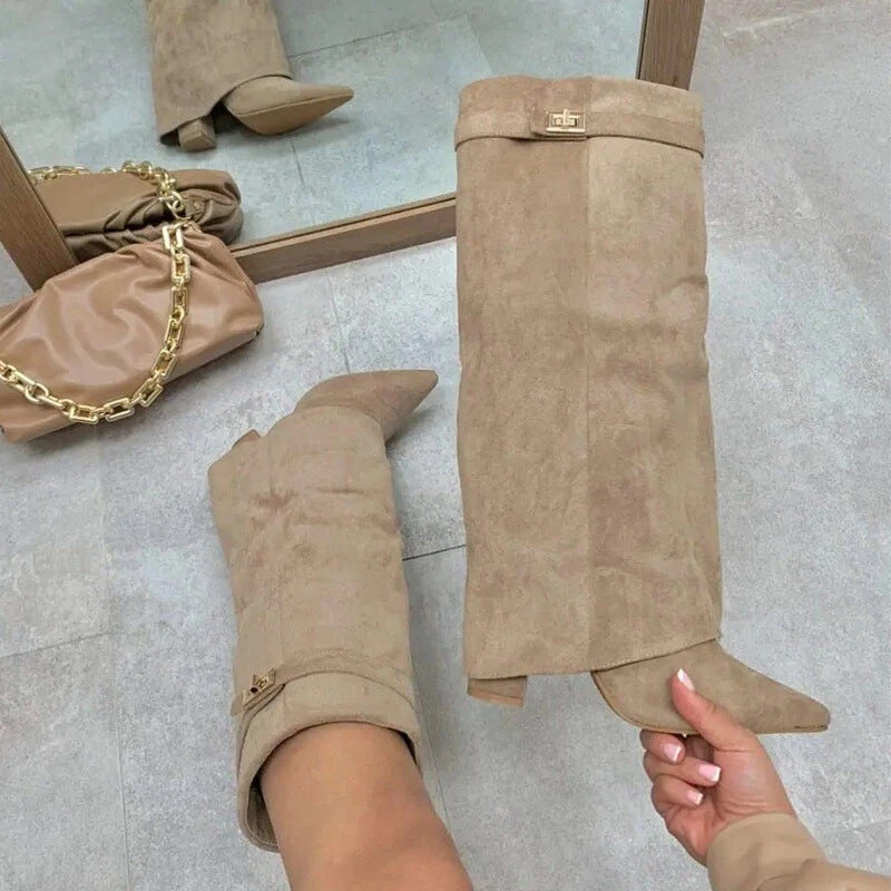 Womens Pointed Toe High Shaft Boots with Metal Buckle