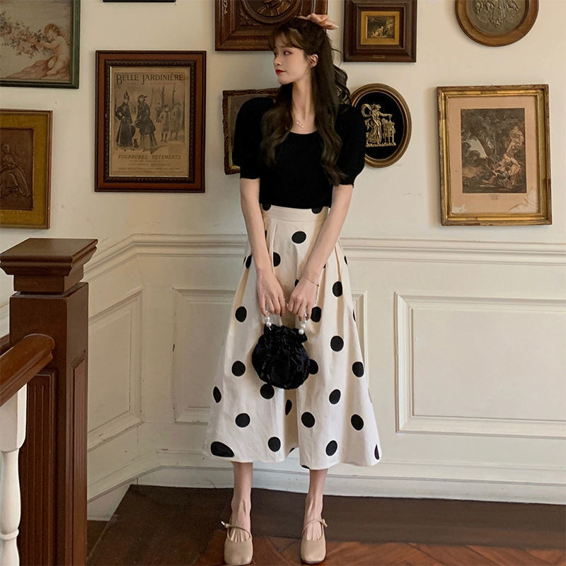 Damen Polka Dot Kleid mit T-Shirt-Set