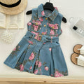 Girls Sleeveless Floral Print Denim Dress