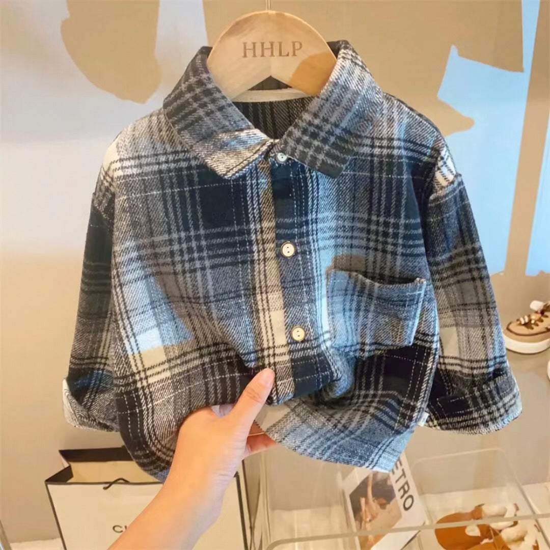 Kids Lapel Shirts with Striped and Grid Patterns