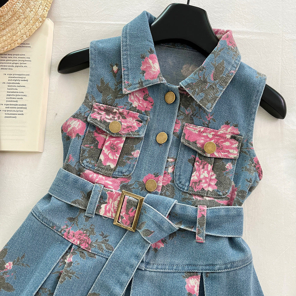 Girls Sleeveless Floral Print Denim Dress