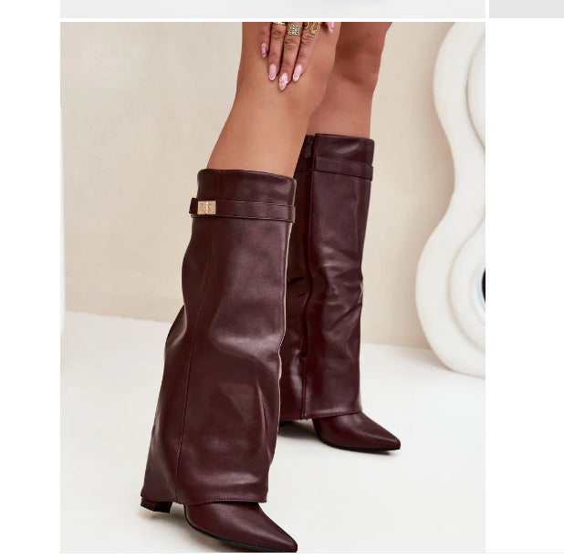 Womens Pointed Toe High Shaft Boots with Metal Buckle