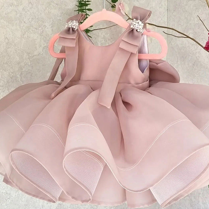 Girls Pink Satin Bow Tutu Dress