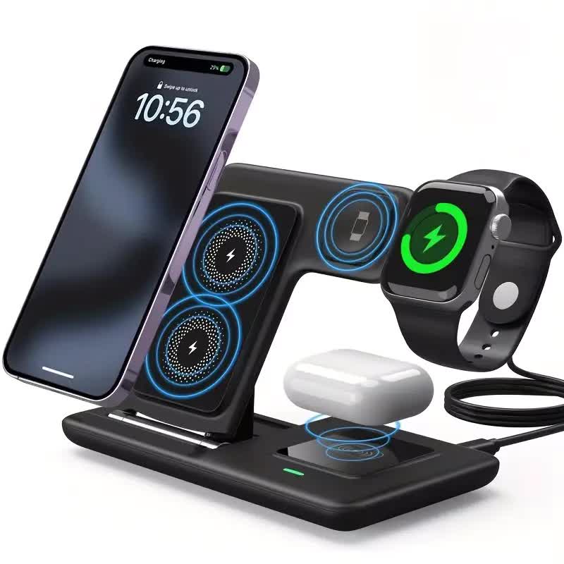 Multi-Geräte 3-in-1 Faltbare Kabellose Ladestation | iWatch Series 9 8 7 6 SE 5 4 3 2, Ultra Airpods Pro 3 2, iPhone 17/16/15/14/13/12/11 Schnelle Ladestation - Magnetischer Anschluss, USB-Stromversorgung