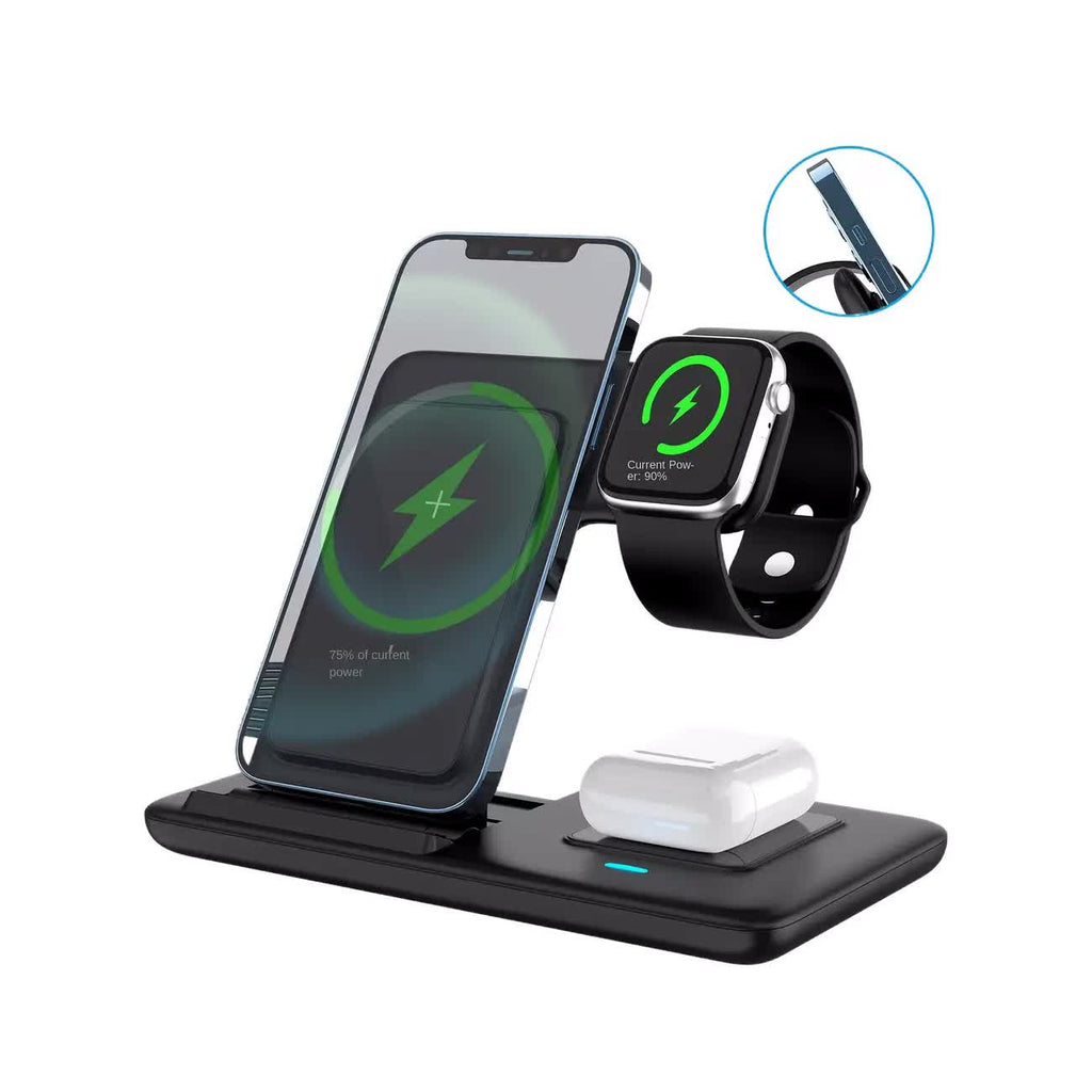 Multi-Geräte 3-in-1 Faltbare Kabellose Ladestation | iWatch Series 9 8 7 6 SE 5 4 3 2, Ultra Airpods Pro 3 2, iPhone 17/16/15/14/13/12/11 Schnelle Ladestation - Magnetischer Anschluss, USB-Stromversorgung