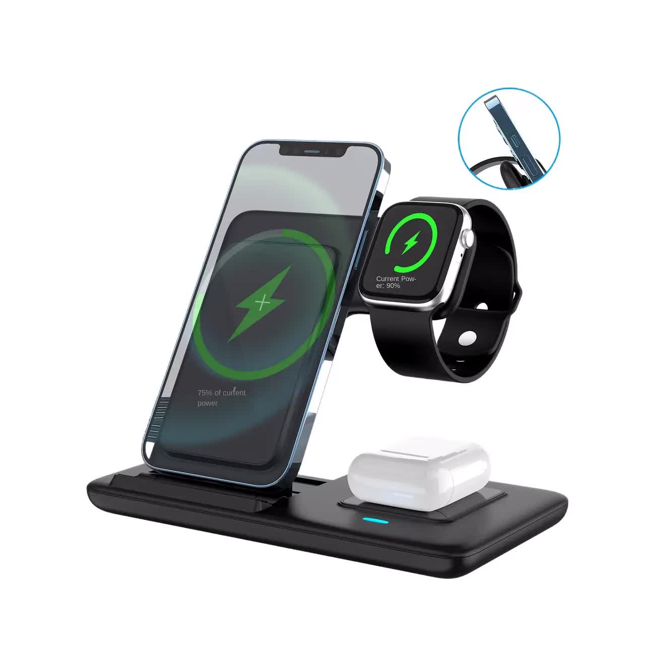 Multi-device 3-in-1 Foldable Wireless Charging Station | iWatch Series 9 8 7 6 SE 5 4 3 2, Ultra Airpods Pro 3 2, iPhone 17/16/15/14/13/12/11 Rapid Charging Stand - Magnetic Connector, USB Power Supply