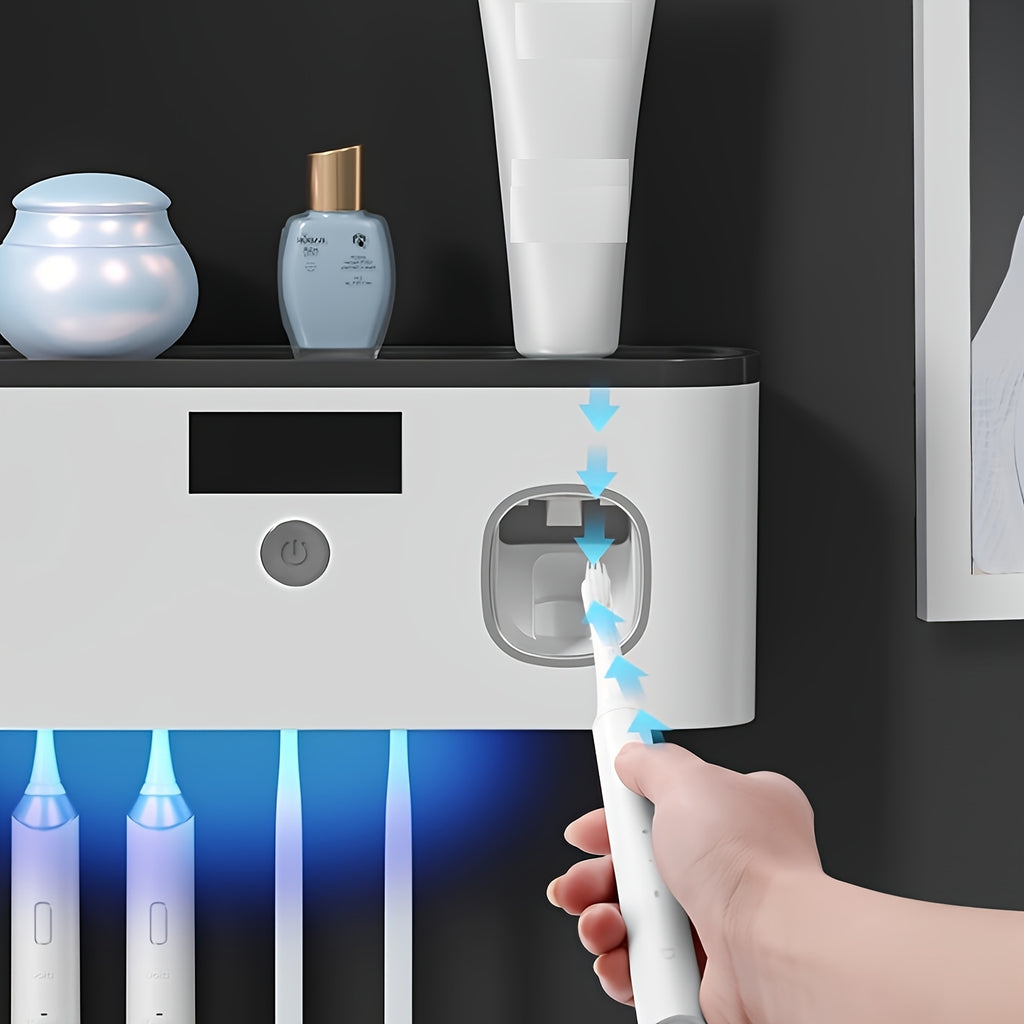 1 Black Gold Smart Toothbrush Organizer, Bathroom Toothbrush Placement and Organization, Automatic Toothpaste Dispenser - Wall Mount, 5-Slot Storage, Durable Plastic, USB Rechargeable Lithium Battery, Modern Bathroom Organization and Home Decor