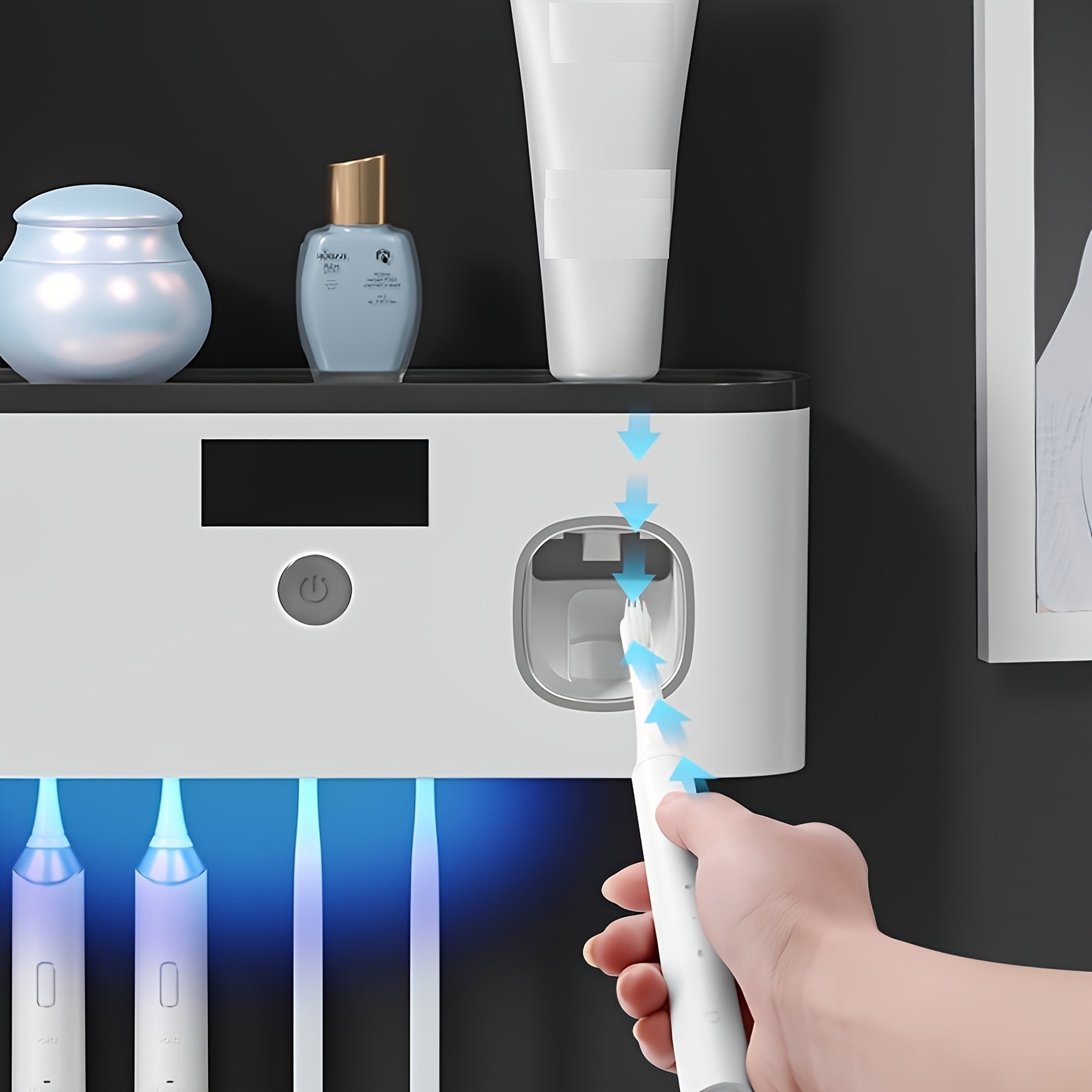 1 Black Gold Smart Toothbrush Organizer, Bathroom Toothbrush Placement and Organization, Automatic Toothpaste Dispenser - Wall Mount, 5-Slot Storage, Durable Plastic, USB Rechargeable Lithium Battery, Modern Bathroom Organization and Home Decor