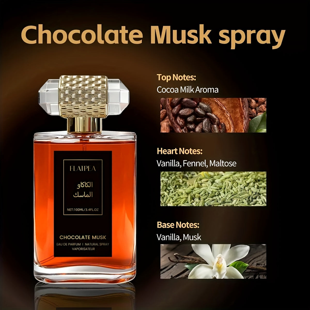 100ml women's perfume, chocolate, vanilla, musk, long-lasting sweet fragrance, women's fragrance spray, body/hair spray, alcohol-free, travel size, easy to carry, alcohol-free, suitable for daily/date/vacation/party, ideal gift for women/birthday gift/Chr
