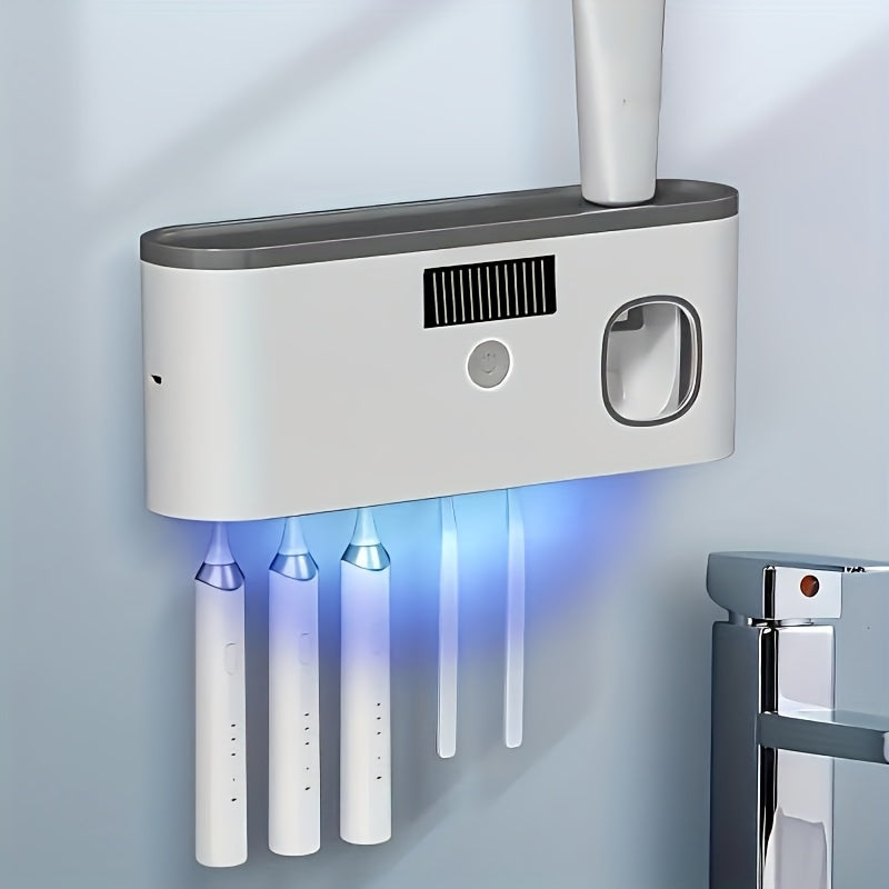 1 white smart toothbrush organizer, bathroom toothbrush arrangement and storage, with automatic toothpaste dispenser - wall-mounted, 5-slot storage, durable plastic, USB rechargeable lithium battery, modern bathroom organization and home decoration