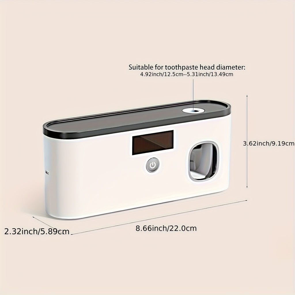 1 white smart toothbrush organizer, bathroom toothbrush arrangement and storage, with automatic toothpaste dispenser - wall-mounted, 5-slot storage, durable plastic, USB rechargeable lithium battery, modern bathroom organization and home decoration