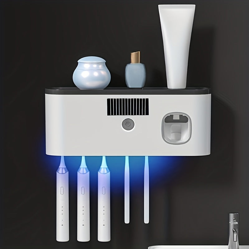 1 white smart toothbrush organizer, bathroom toothbrush arrangement and storage, with automatic toothpaste dispenser - wall-mounted, 5-slot storage, durable plastic, USB rechargeable lithium battery, modern bathroom organization and home decoration