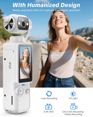 Handheld-Taschenkamera – 2.5K UHD, 180° drehbares Objektiv, Fülllicht, 2000 mAh Akku, keine App erforderlich, 32 GB enthalten, für Vlog & Reisen (Weiß)