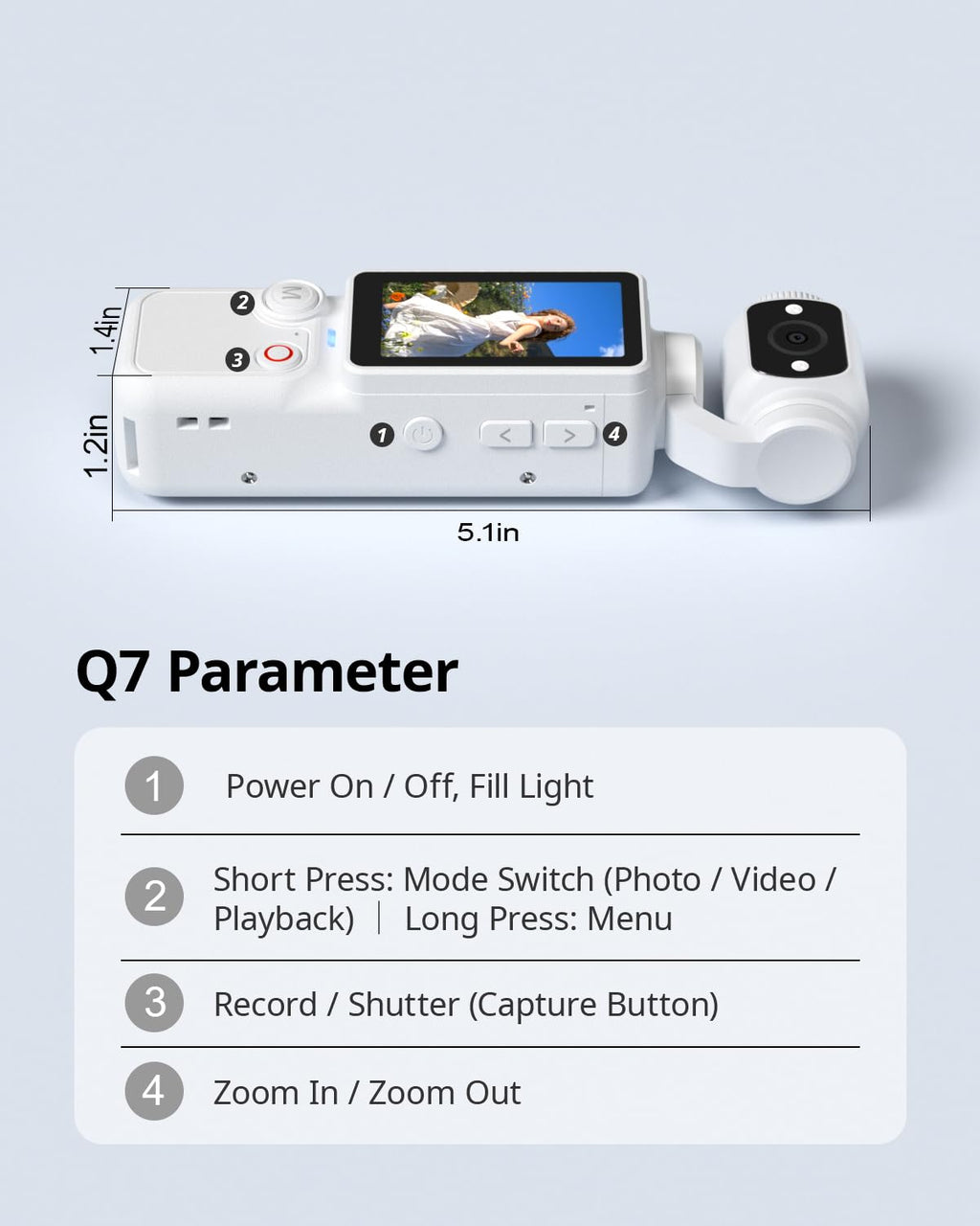 Handheld-Taschenkamera – 2.5K UHD, 180° drehbares Objektiv, Fülllicht, 2000 mAh Akku, keine App erforderlich, 32 GB enthalten, für Vlog & Reisen (Weiß)