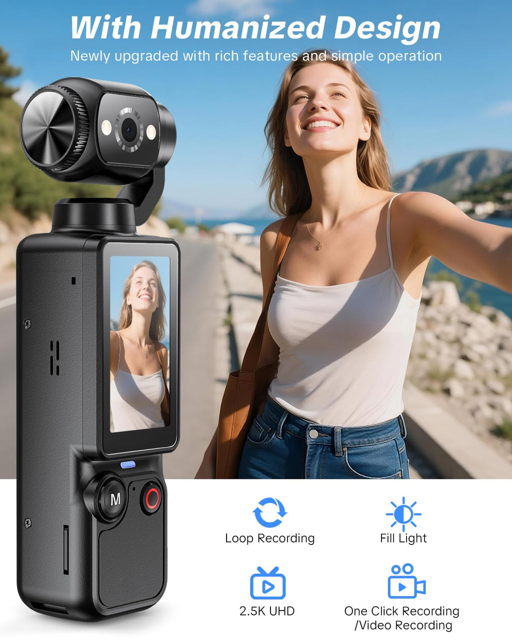 Handheld-Taschenkamera – 2.5K UHD, um 180° drehbares Objektiv, Aufhelllicht, 2000mAh Akku, keine App erforderlich, 32GB inklusive, für Vlog & Reisen (Schwarz)