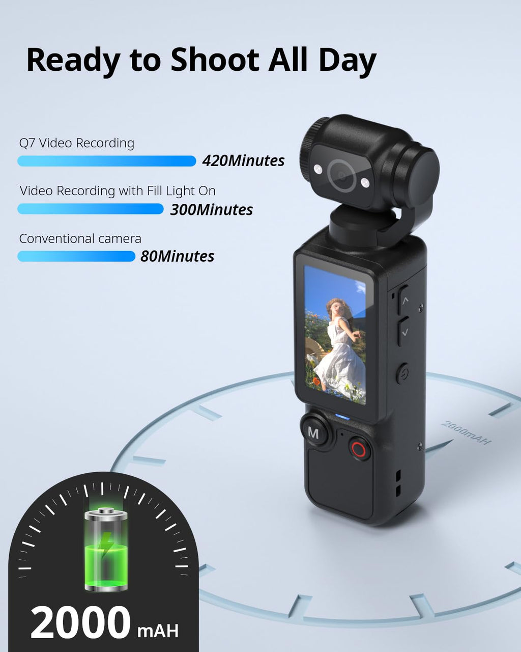 Handheld-Taschenkamera – 2.5K UHD, um 180° drehbares Objektiv, Aufhelllicht, 2000mAh Akku, keine App erforderlich, 32GB inklusive, für Vlog & Reisen (Schwarz)