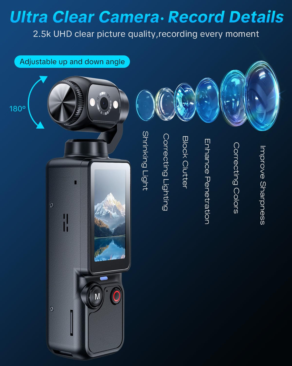 Handheld-Taschenkamera – 2.5K UHD, um 180° drehbares Objektiv, Aufhelllicht, 2000mAh Akku, keine App erforderlich, 32GB inklusive, für Vlog & Reisen (Schwarz)