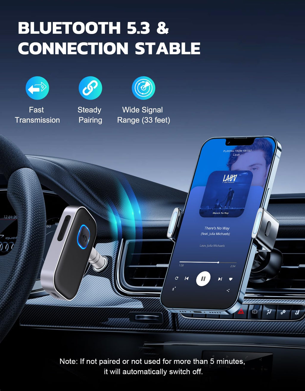 Bluetooth 5.3 Audio-Receiver mit Mikrofon – Kabelloser AUX-Adapter für Autoradio, Lautsprecher & Kopfhörer, CVC8.0 Rauschunterdrückung, Dual Pairing, 16 Stunden Akkulaufzeit (Schwarz)