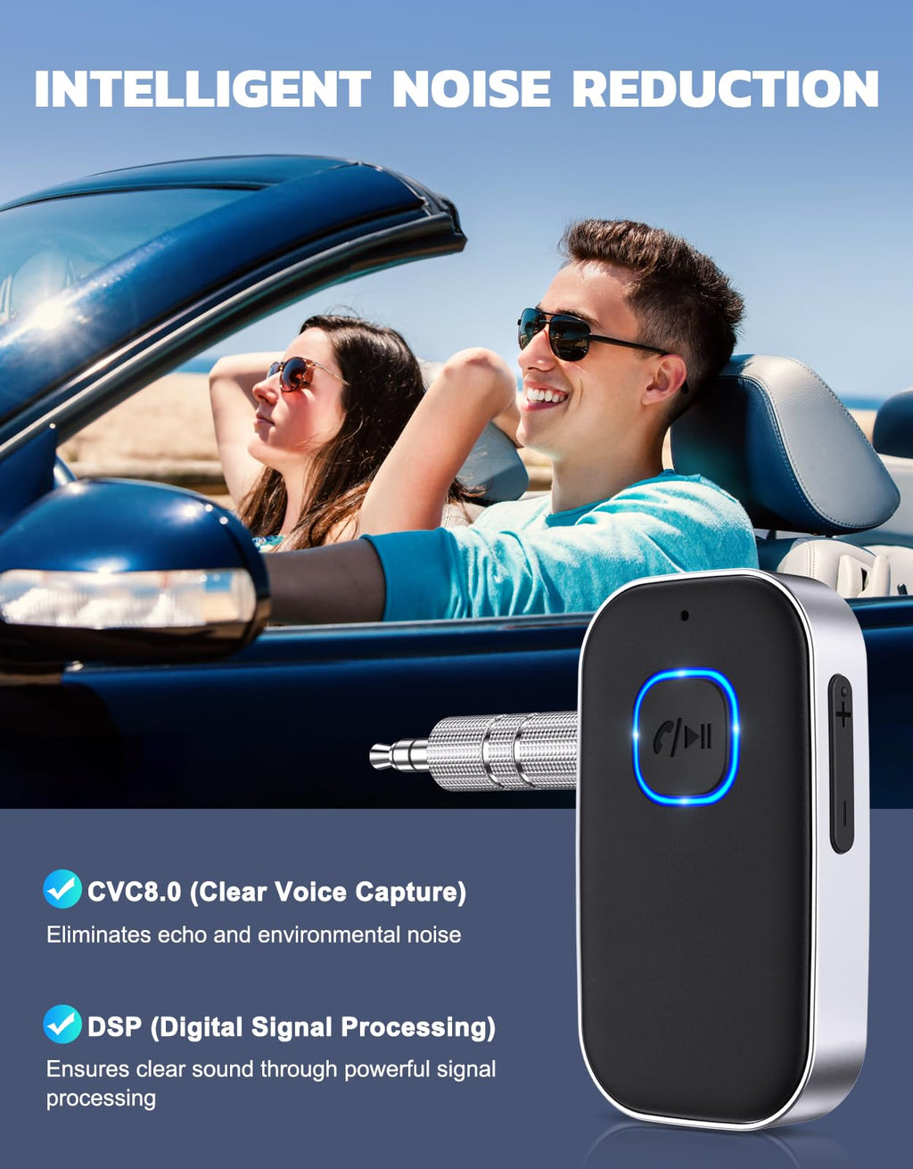 Bluetooth 5.3 Audio-Receiver mit Mikrofon – Kabelloser AUX-Adapter für Autoradio, Lautsprecher & Kopfhörer, CVC8.0 Rauschunterdrückung, Dual Pairing, 16 Stunden Akkulaufzeit (Schwarz)