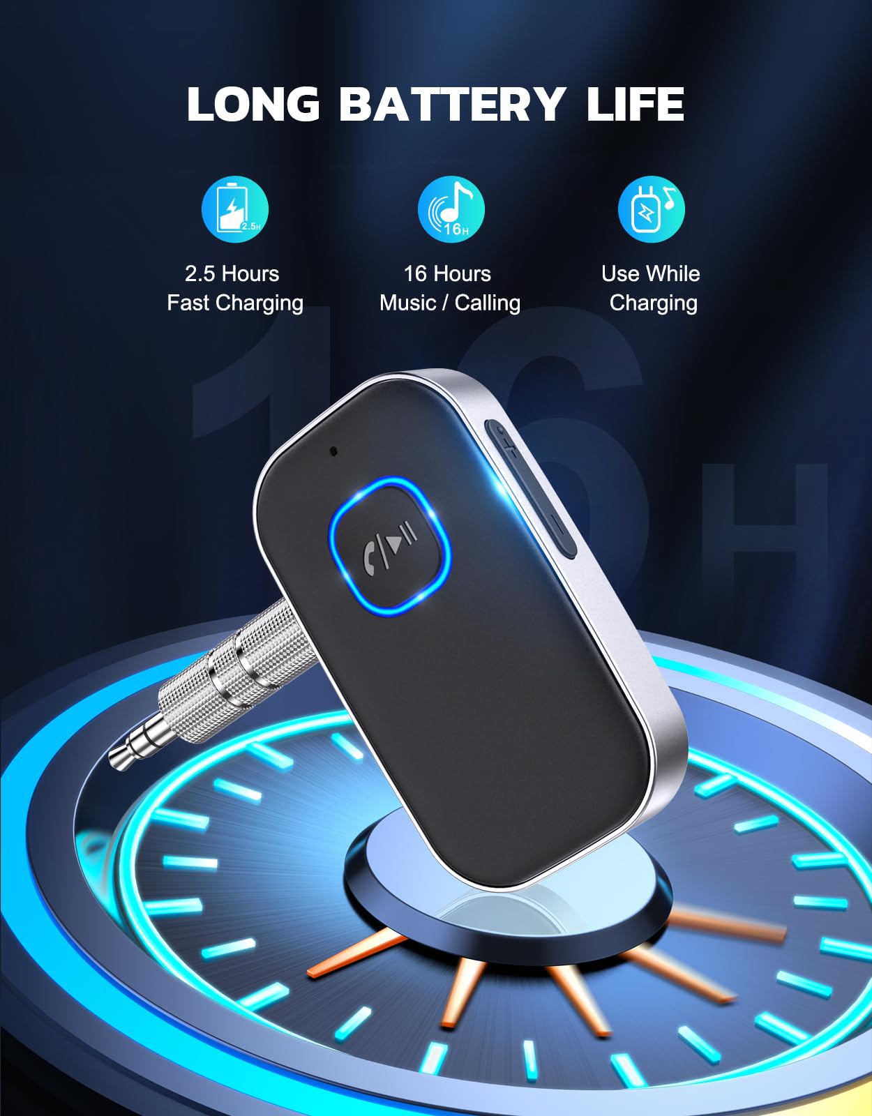 Bluetooth 5.3 Audio-Receiver mit Mikrofon – Kabelloser AUX-Adapter für Autoradio, Lautsprecher & Kopfhörer, CVC8.0 Rauschunterdrückung, Dual Pairing, 16 Stunden Akkulaufzeit (Schwarz)