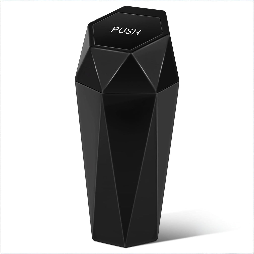 Push-Top Auto-Mülleimer – Kompakter 600-ml-Mülleimer mit Selbstschließfunktion für Getränkehalter, Türkartentasche & Schreibtisch, wasserdicht, auslaufsicher, schlankes geometrisches Design (Schwarz)