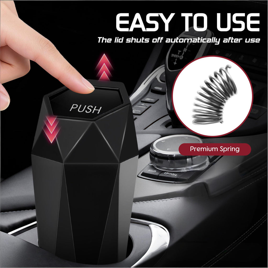 Push-Top Auto-Mülleimer – Kompakter 600-ml-Mülleimer mit Selbstschließfunktion für Getränkehalter, Türkartentasche & Schreibtisch, wasserdicht, auslaufsicher, schlankes geometrisches Design (Schwarz)