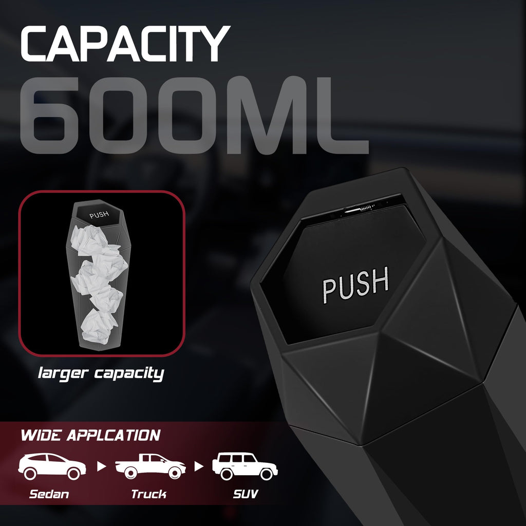 Push-Top Auto-Mülleimer – Kompakter 600-ml-Mülleimer mit Selbstschließfunktion für Getränkehalter, Türkartentasche & Schreibtisch, wasserdicht, auslaufsicher, schlankes geometrisches Design (Schwarz)
