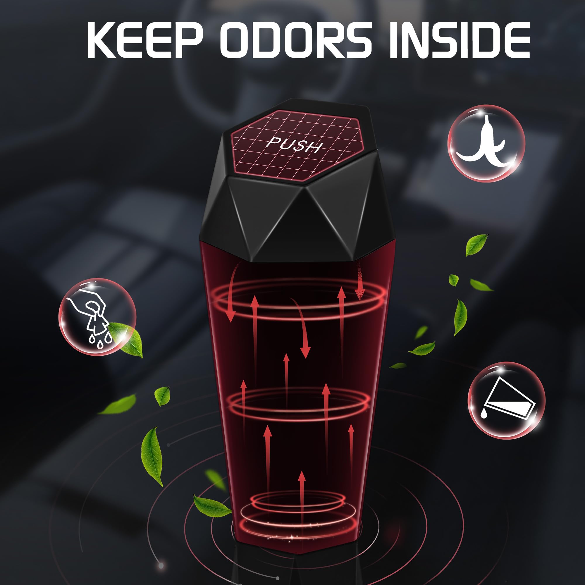 Push-Top Car Trash Can – Compact 600mL Auto-Close Garbage Bin for Cup Holder, Door Pocket & Desk, Waterproof, Leakproof, Sleek Geometric Design (Black)