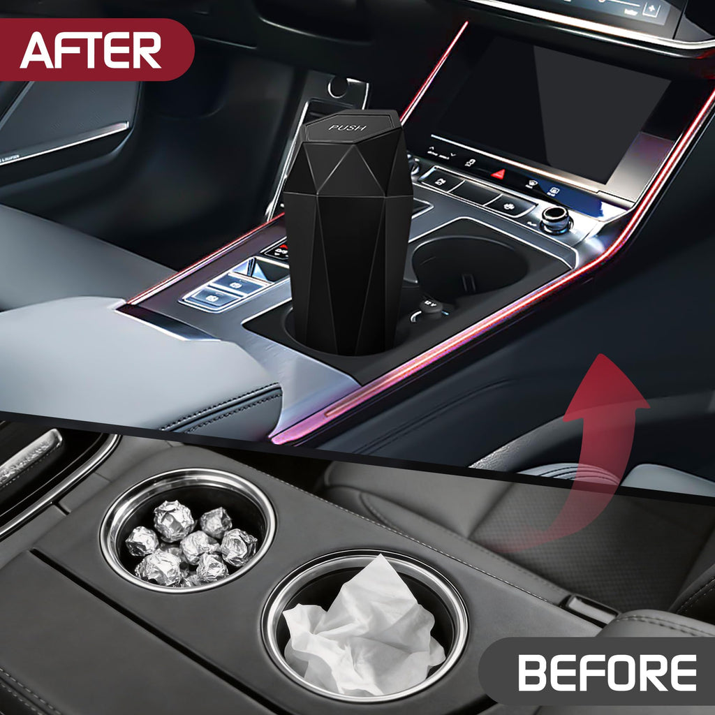 Push-Top Auto-Mülleimer – Kompakter 600-ml-Mülleimer mit Selbstschließfunktion für Getränkehalter, Türkartentasche & Schreibtisch, wasserdicht, auslaufsicher, schlankes geometrisches Design (Schwarz)