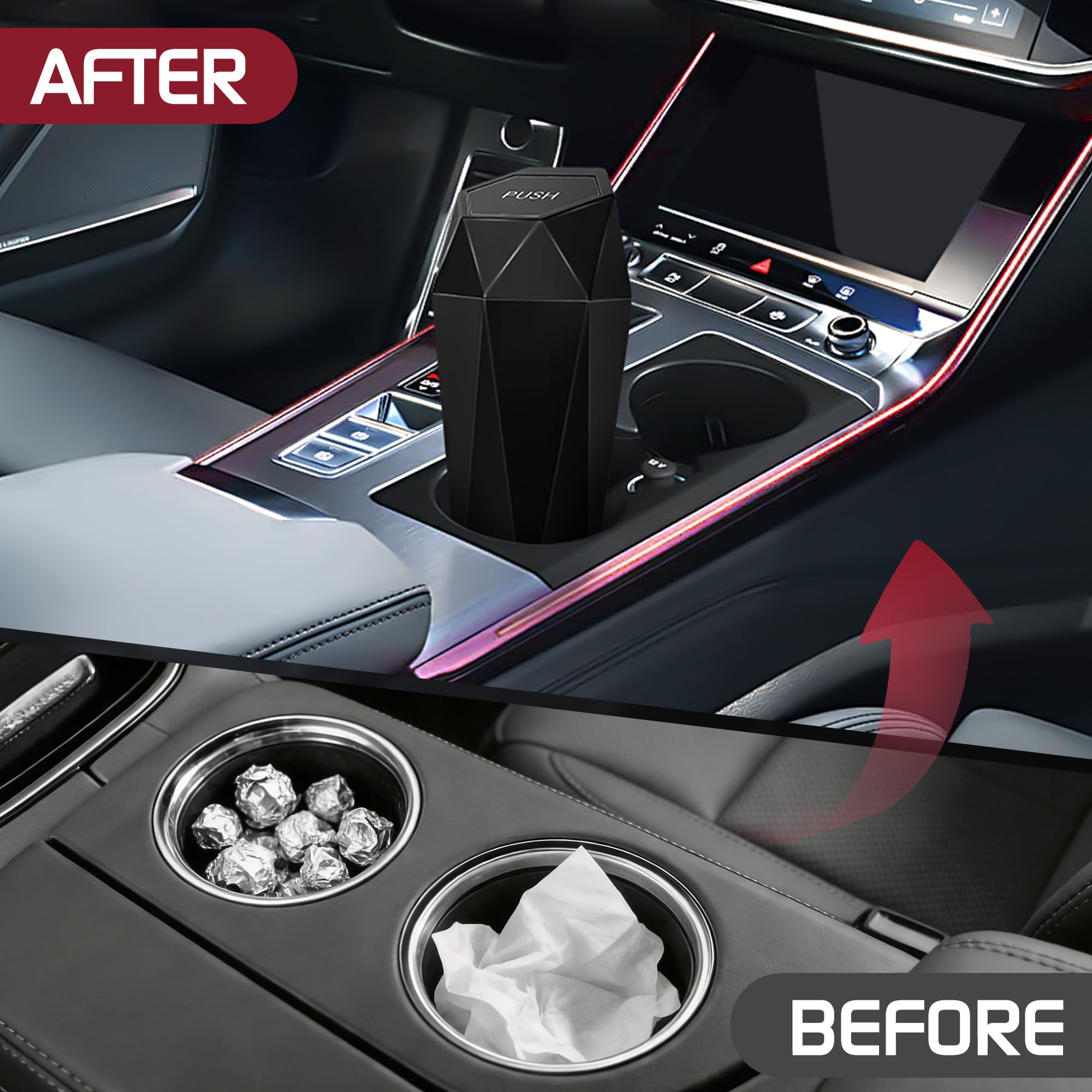 Push-Top Auto-Mülleimer – Kompakter 600-ml-Mülleimer mit Selbstschließfunktion für Getränkehalter, Türkartentasche & Schreibtisch, wasserdicht, auslaufsicher, schlankes geometrisches Design (Schwarz)