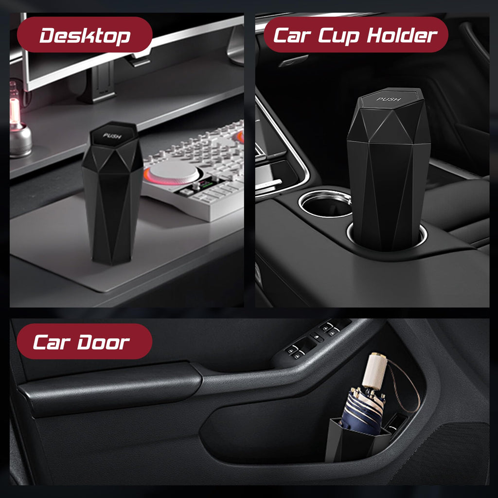 Push-Top Auto-Mülleimer – Kompakter 600-ml-Mülleimer mit Selbstschließfunktion für Getränkehalter, Türkartentasche & Schreibtisch, wasserdicht, auslaufsicher, schlankes geometrisches Design (Schwarz)