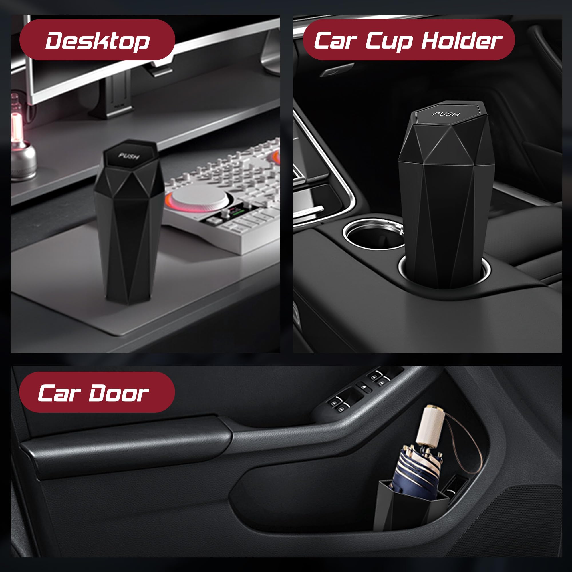 Push-Top Auto-Mülleimer – Kompakter 600-ml-Mülleimer mit Selbstschließfunktion für Getränkehalter, Türkartentasche & Schreibtisch, wasserdicht, auslaufsicher, schlankes geometrisches Design (Schwarz)